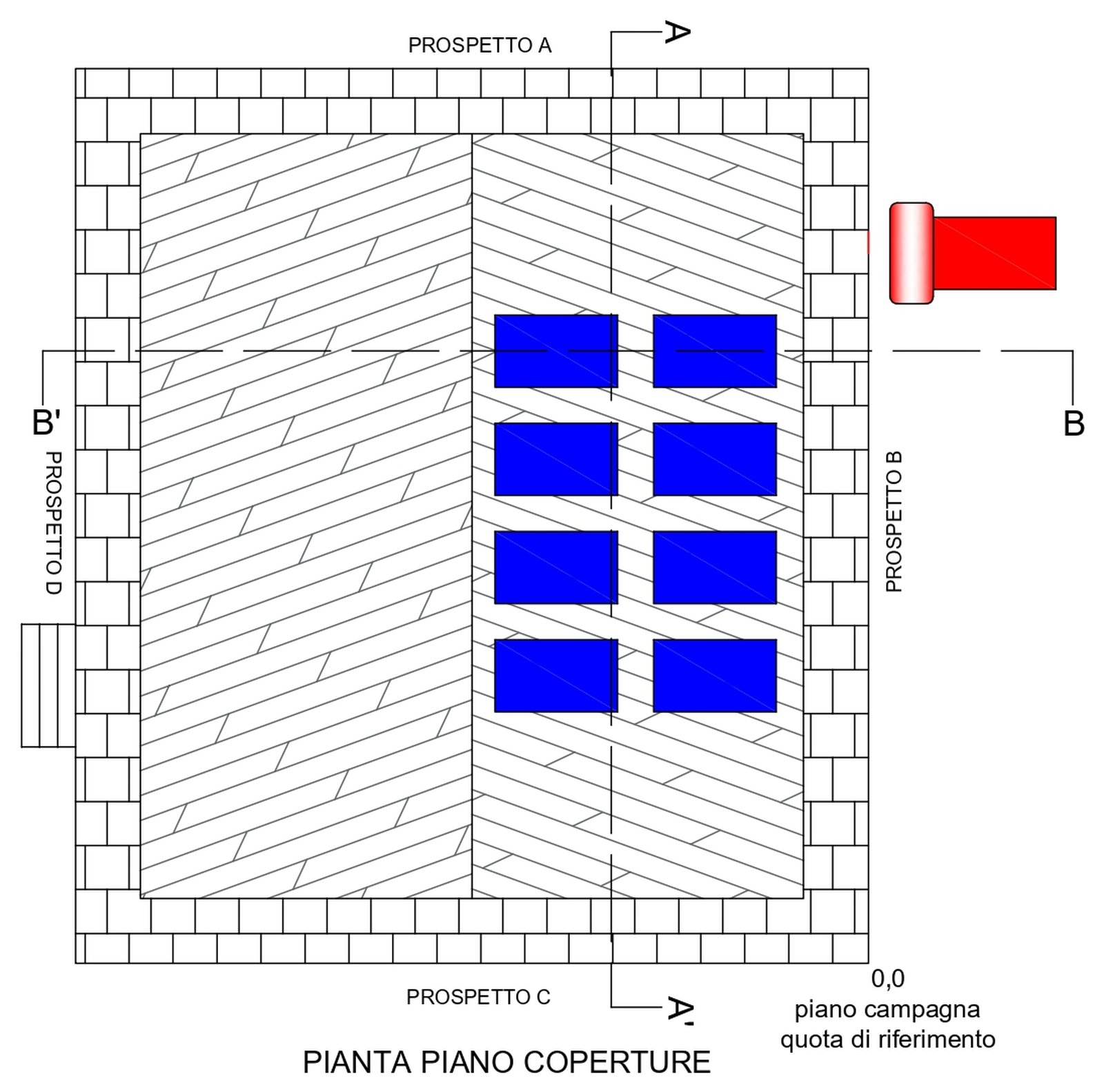 Pianta di copertura con disposizione dei pannelli fotovoltaici