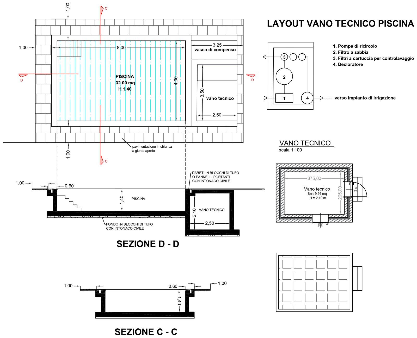 Layout del vano tecnico e sezioni costruttive della piscina